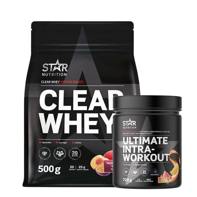Begränsat antal Clear Whey Vassleprotein 500 g + Ultimate Intra Workout Kolhydratspulver 720 g